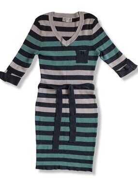 Pink Rose Big Girls Sweater Dress Ribbed Knit Striped Gray Green Bodycon Size L